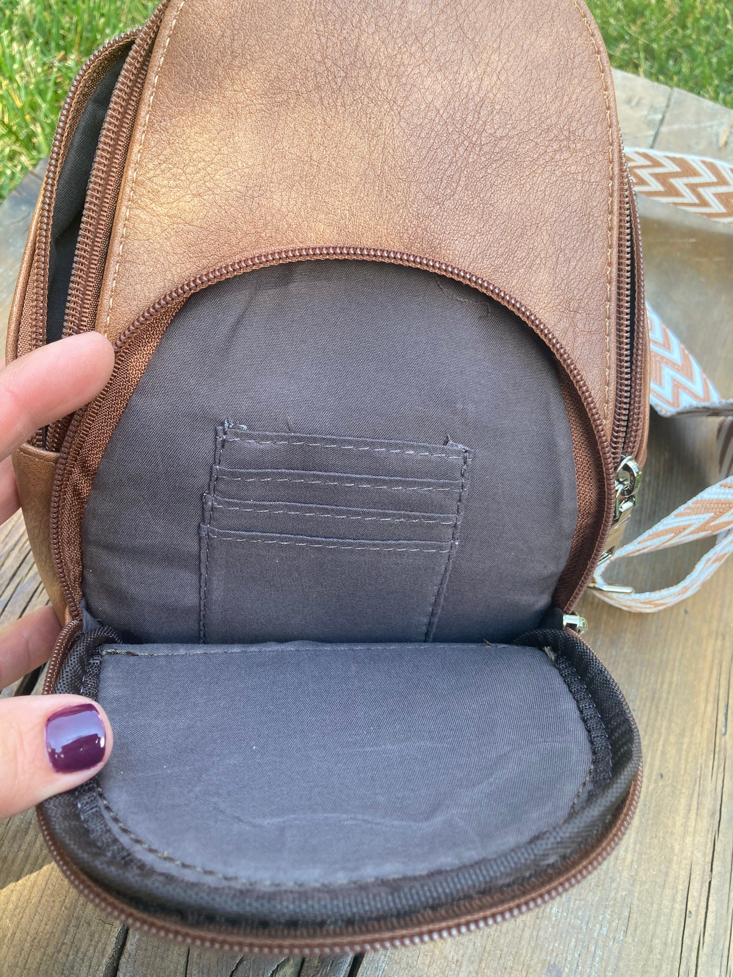 Sling crossbody bag - brown sunflower and aztec