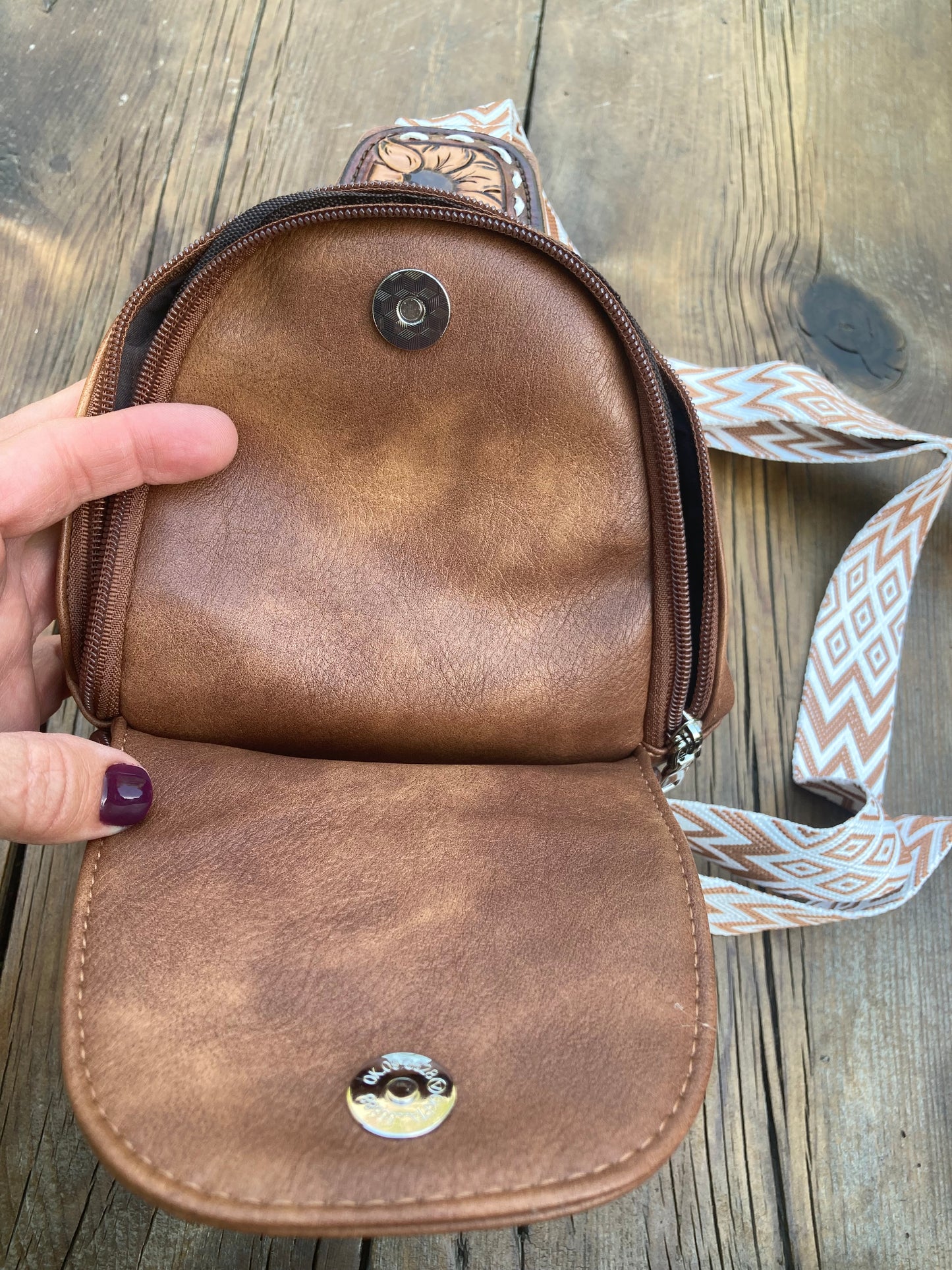 Sling crossbody bag - brown sunflower and aztec