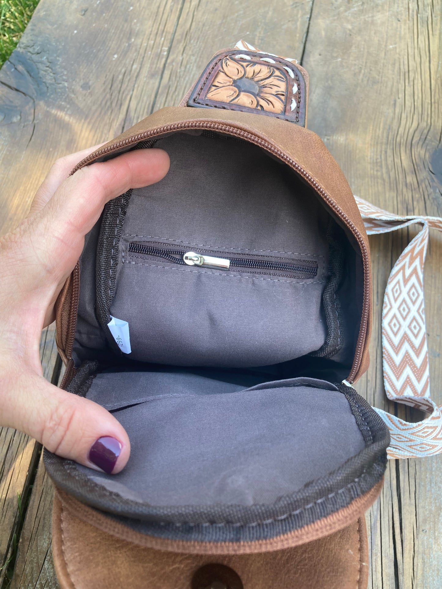 Sling crossbody bag - brown sunflower and aztec