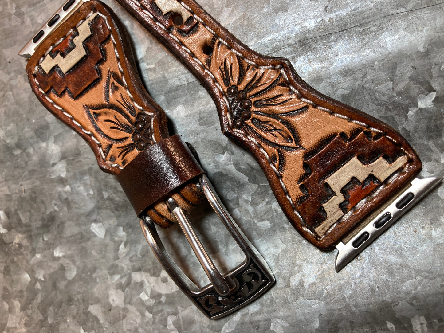 Apple Watch Band - Aztec & sunflower tooled leather