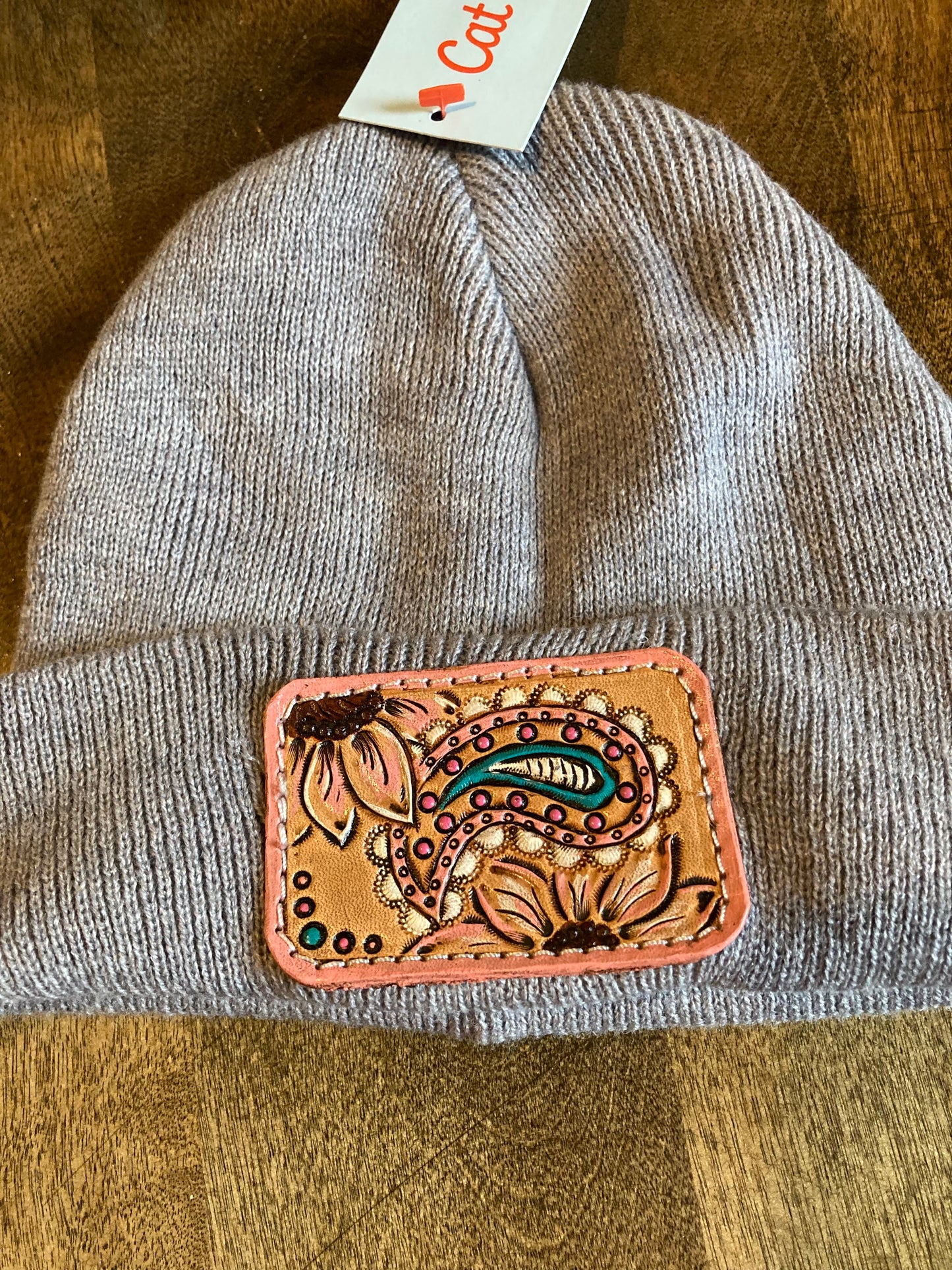 Girls beanie with floral & paisley leather patch