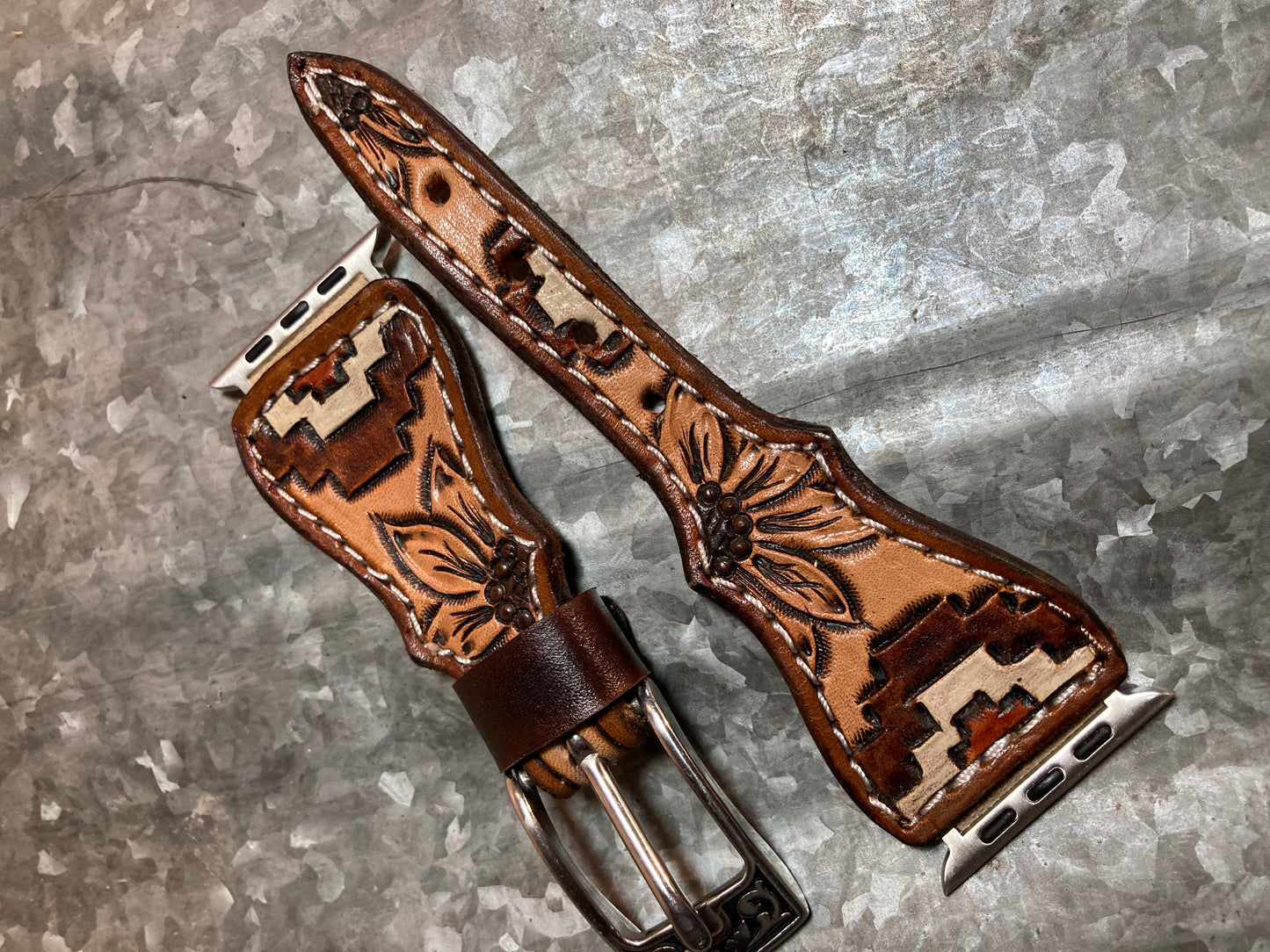 Apple Watch Band - Aztec & sunflower tooled leather