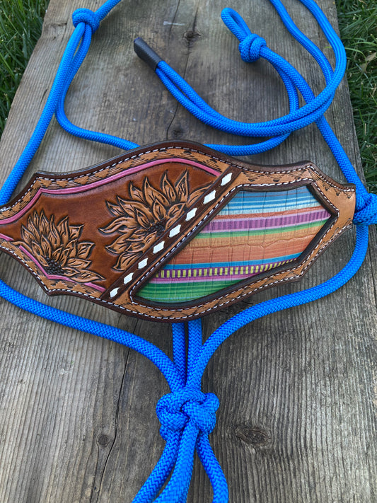 Blue rope halter with serape inlay and sunflowers