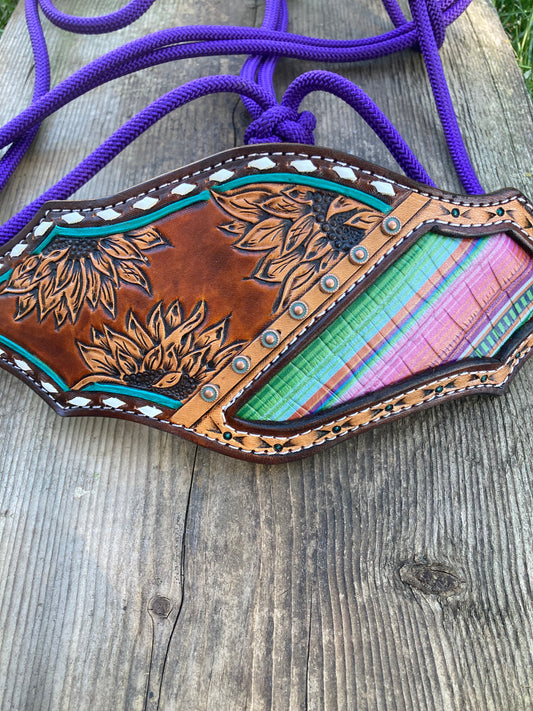 Purple rope halter with serape inlay and sunflowers