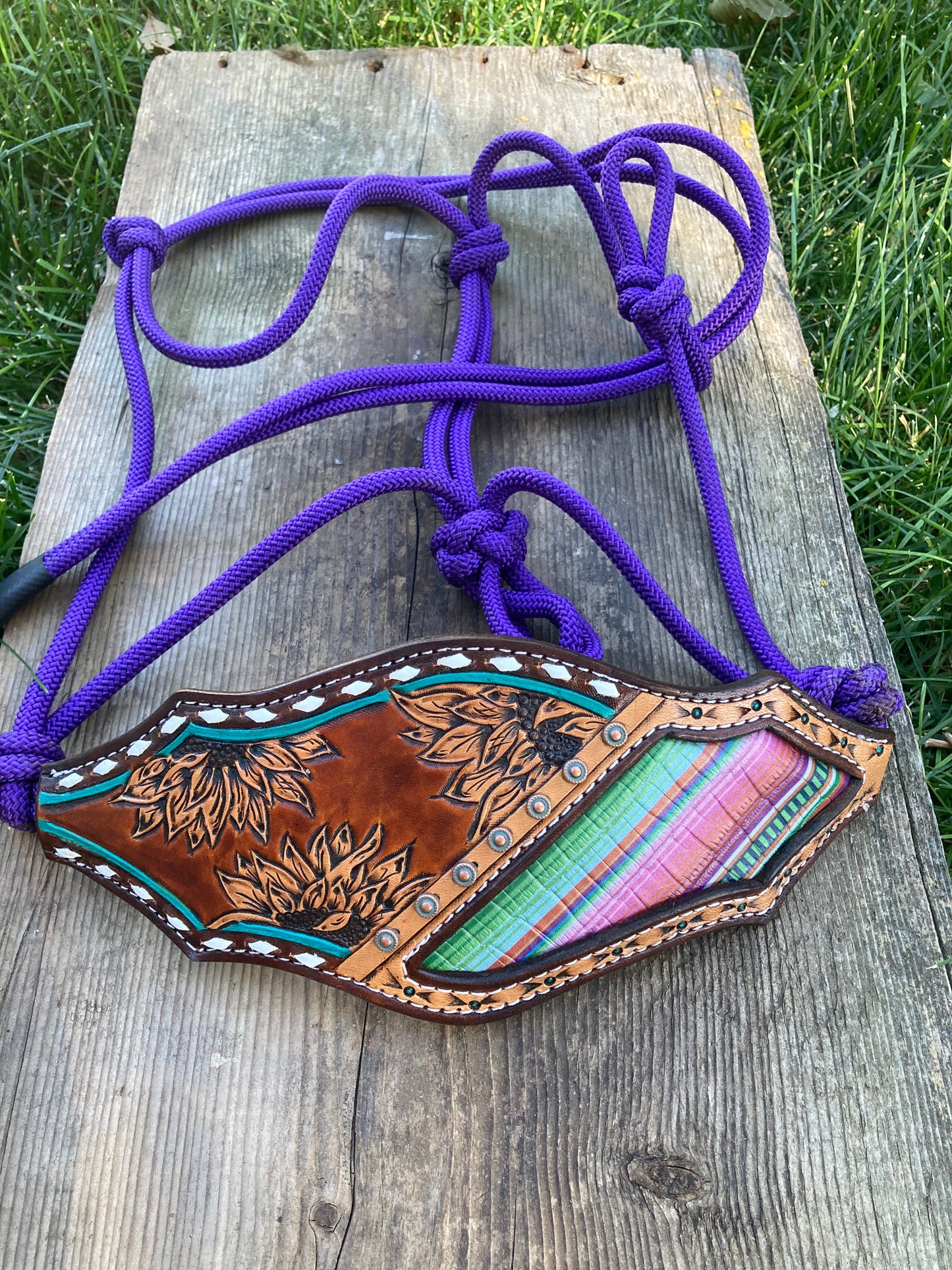 Purple rope halter with serape inlay and sunflowers