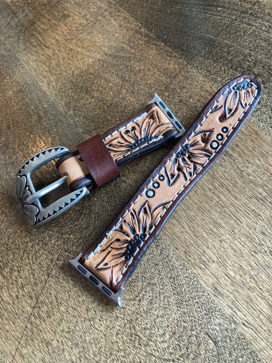 Apple Watch Band - tooled leather with sunflowers