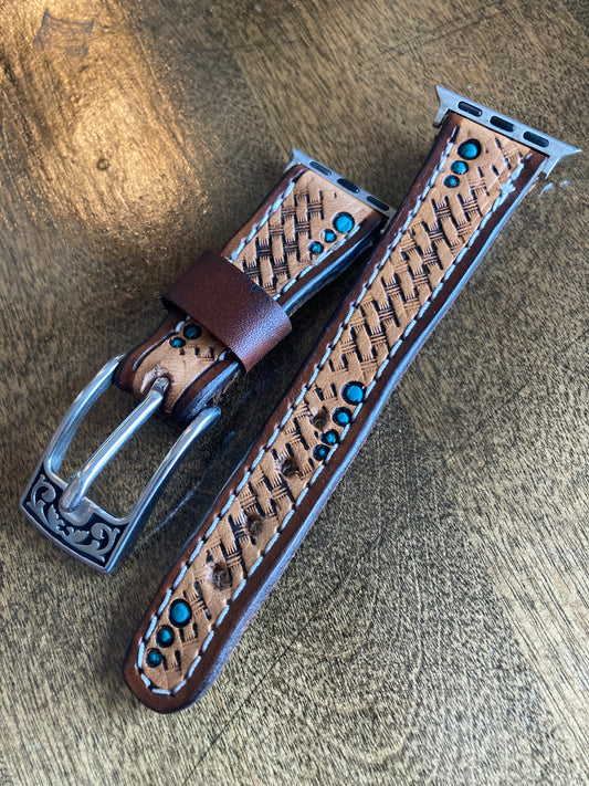 Apple Watch Band - Tooled leather with turquoise dots