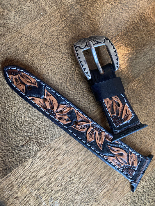 Apple Watch Band - Black Sunflower tooled leather