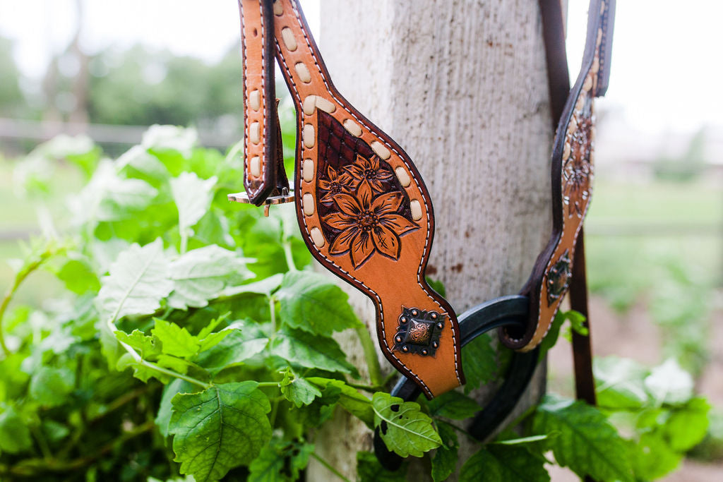 Floral Headstall - Cream Buckstitch